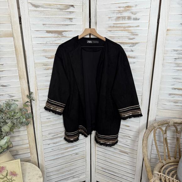 ZARA Women's L Combination Faux Suede Embroidered Jacket Boho Western Black - Picture 2 of 16